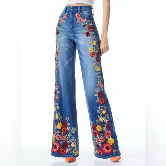 Alice + Olivia Blue Floral Embroidered Flare Jeans - Picture 2 of 15